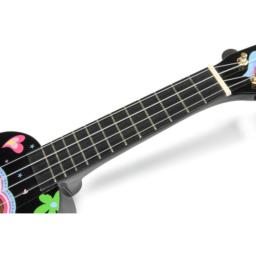 Mahalo MA1HEBK Heart Szoprán ukulele, fényes fekete „Heart” dizájn, tok és pengetők