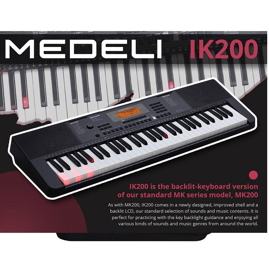 Medeli IK200 orgona szett fejhallgatóval, paddal és állvánnyal, 61 dinamikus billentyű, 585 hangszín, 202 ritmus, USB-MIDI, mikrofon bemenet