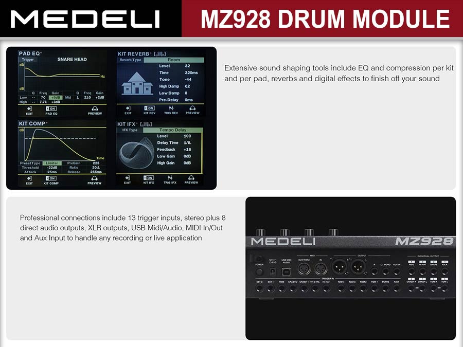 Medeli MZ928-MOD elektronikus dobmodul, 13 triggerbemenet, 906 hang, 8 közvetlen kimenet, Bluetooth