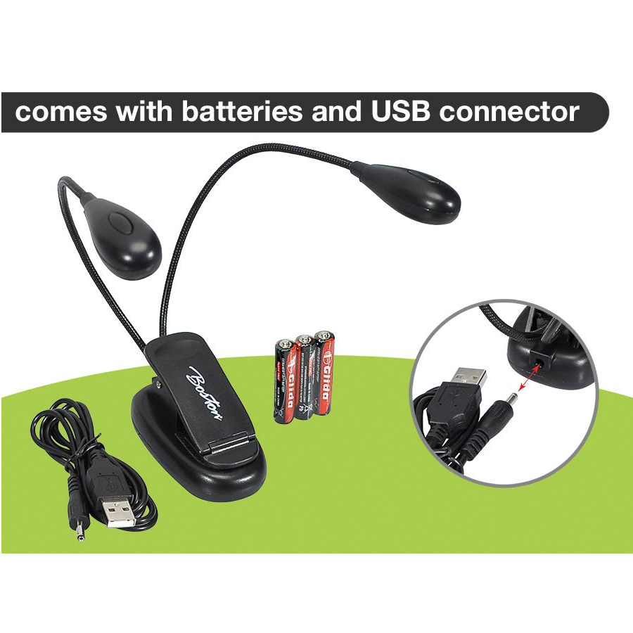 Boston MSL504 dupla LED kottalámpa, csíptetővel és USB kábellel, fekete
