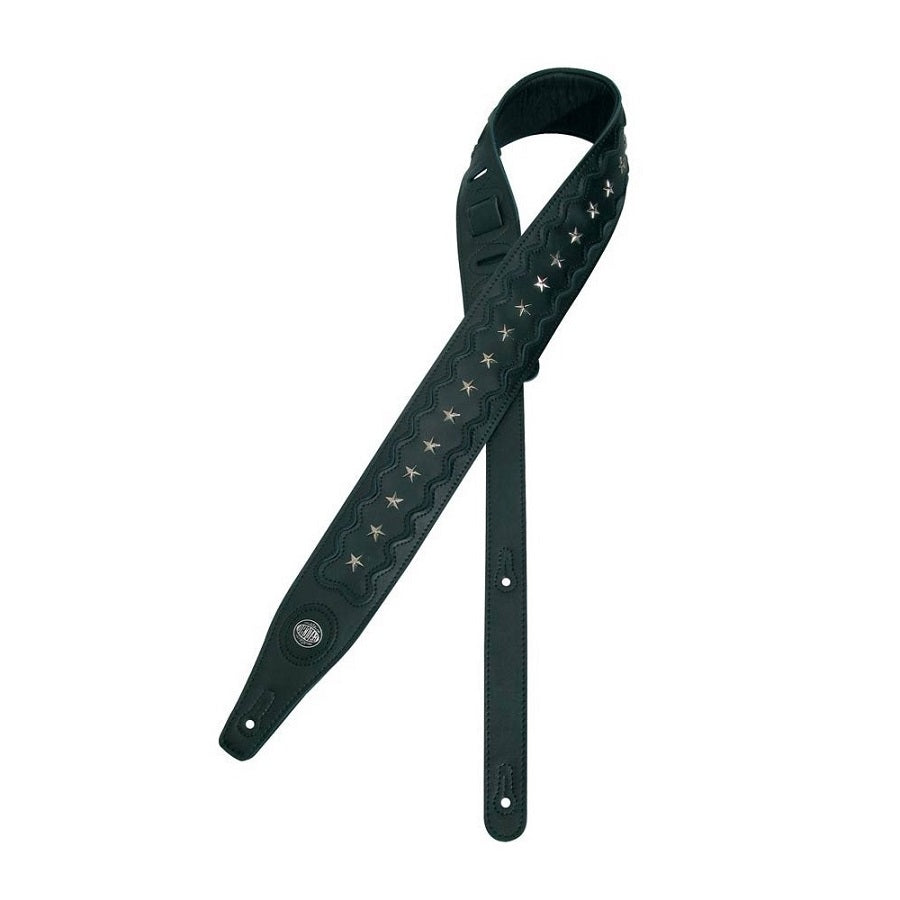 Gaucho GST652BK gitárheveder, fekete bőr, csillag mintás króm díszítéssel