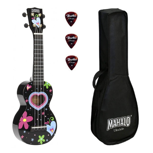 Mahalo MA1HEBK Heart Szoprán ukulele, fényes fekete „Heart” dizájn, tok és pengetők