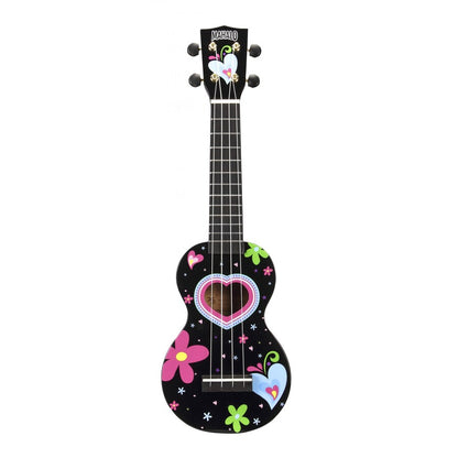 Mahalo MA1HEBK Heart Szoprán ukulele, fényes fekete „Heart” dizájn, tok és pengetők