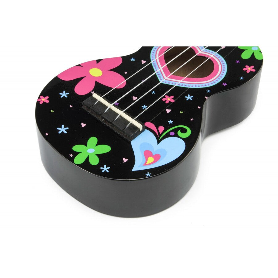 Mahalo MA1HEBK Heart Szoprán ukulele, fényes fekete „Heart” dizájn, tok és pengetők