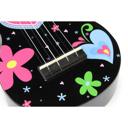 Mahalo MA1HEBK Heart Szoprán ukulele, fényes fekete „Heart” dizájn, tok és pengetők