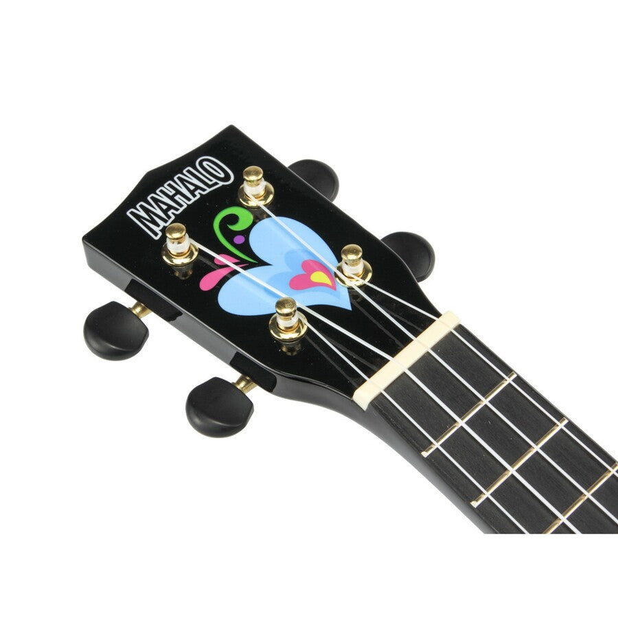 Mahalo MA1HEBK Heart Szoprán ukulele, fényes fekete „Heart” dizájn, tok és pengetők