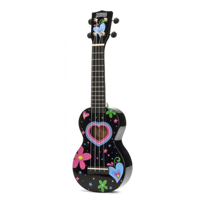 Mahalo MA1HEBK Heart Szoprán ukulele, fényes fekete „Heart” dizájn, tok és pengetők