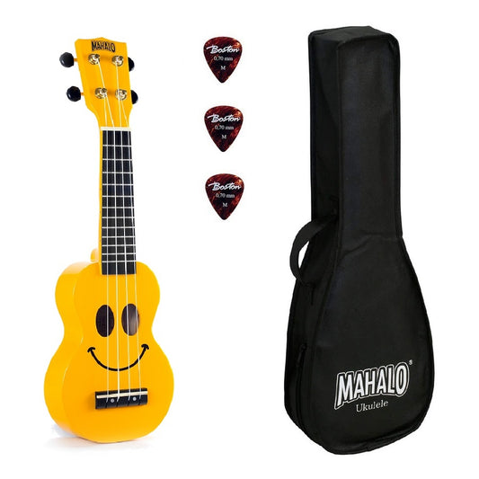 Mahalo SMILINOYW Sopranissimo ukulele, sárga „Smile” design, tok és pengetők