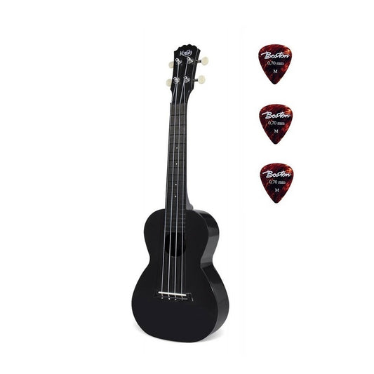 Korala PUC20BK Koncert ukulele, polikarbonát, fekete, 61 cm, 3 darabos pengető készlettel