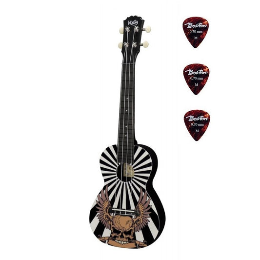 Korala PUC3002 Koncert ukulele, Skull Design, 61 cm, 3 darabos pengető készlettel