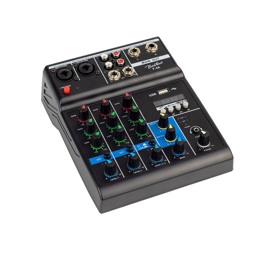 Boston F4A audió keverő, 2 monó / 1 sztereó, USB lejátszó, audio interfész, delay effekt