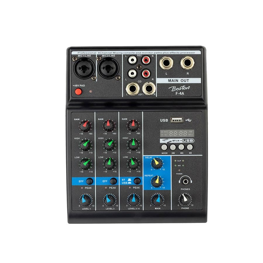 Boston F4A audió keverő, 2 monó / 1 sztereó, USB lejátszó, audio interfész, delay effekt