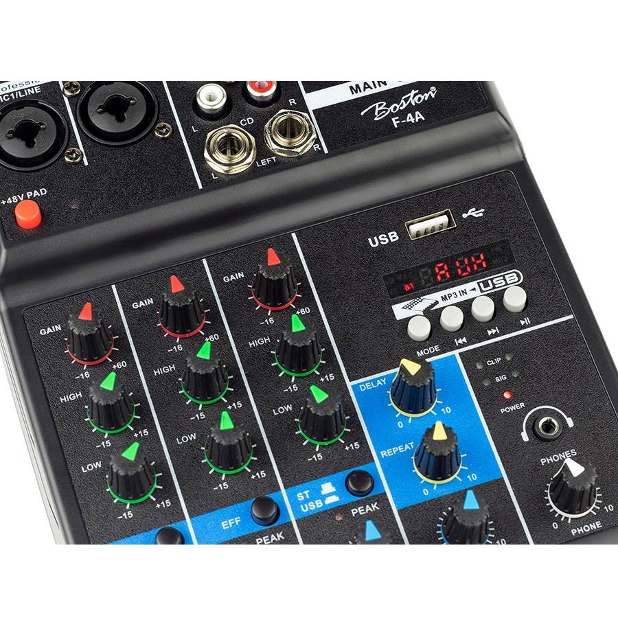 Boston F4A audió keverő, 2 monó / 1 sztereó, USB lejátszó, audio interfész, delay effekt