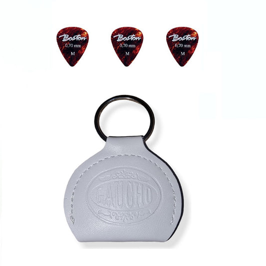 TurboVoice KR85WH bőr gitárpengető tartó kulcstartó, valódi bőr, fehér, 3 darab pengetővel