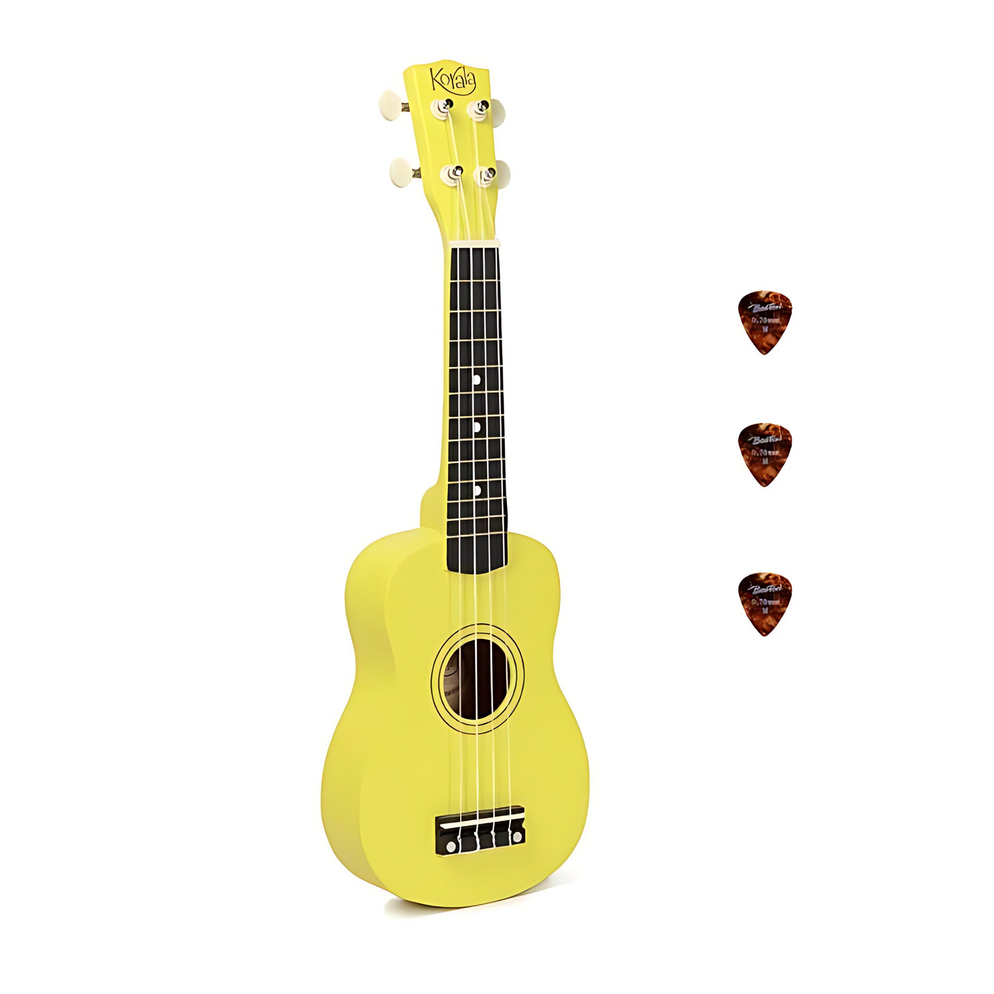 Korala UKS15YE Szoprán ukulele készlet, 3 pengető, matt sárga (tok nélkül)