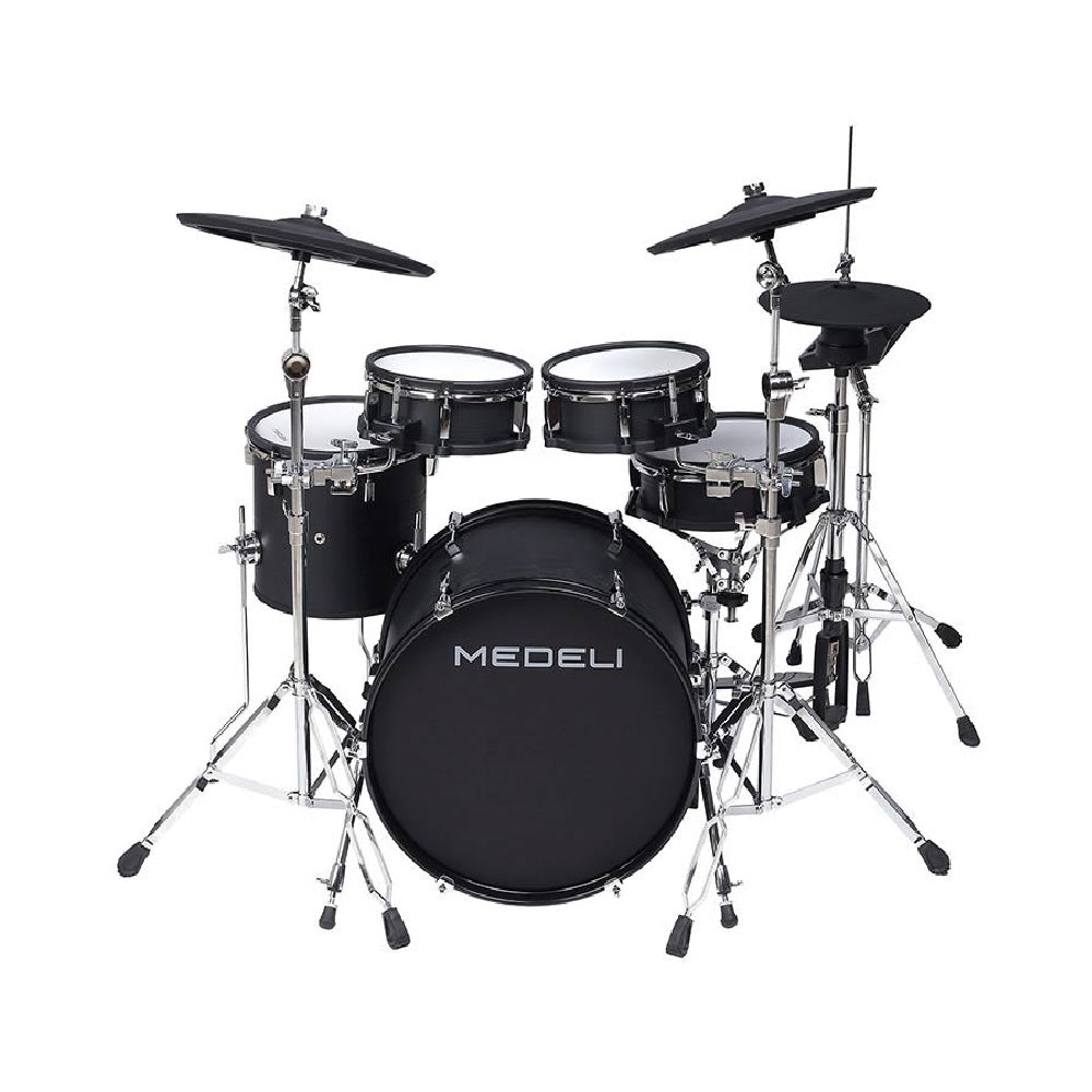 Medeli MZ729 elektronikus dobkészlet, hálóbőrös fa dobtestek, 20" lábdob, 748 hang, Bluetooth, Blackwood