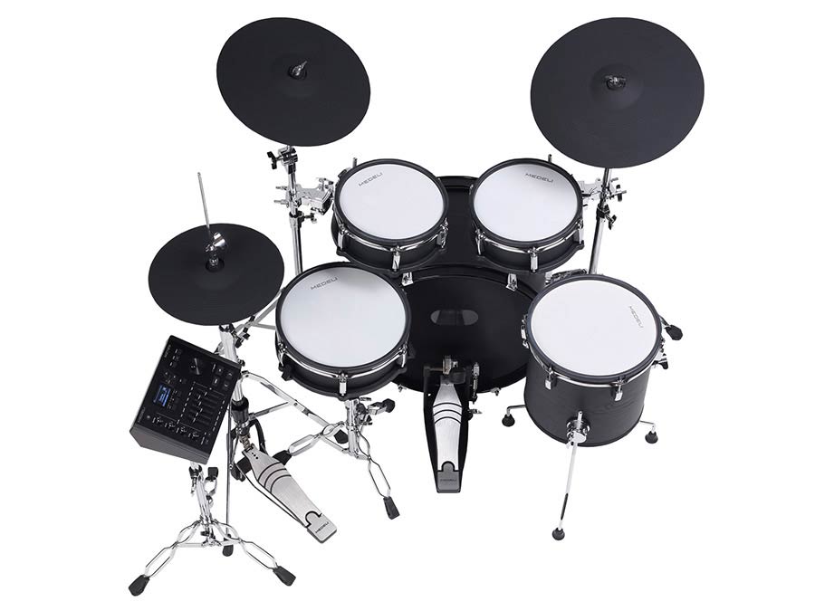 Medeli MZ729 elektronikus dobkészlet, hálóbőrös fa dobtestek, 20" lábdob, 748 hang, Bluetooth, Blackwood
