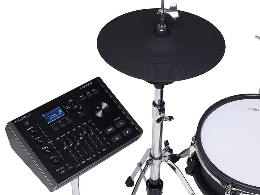 Medeli MZ729 elektronikus dobkészlet, hálóbőrös fa dobtestek, 20" lábdob, 748 hang, Bluetooth, Blackwood