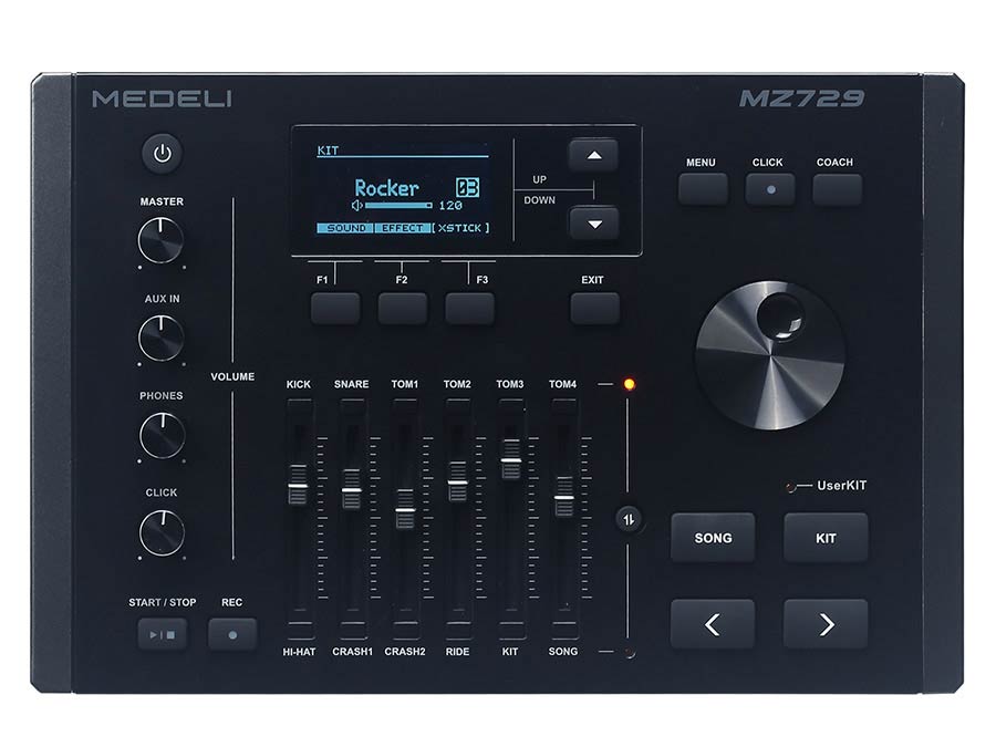 Medeli MZ729 elektronikus dobkészlet, hálóbőrös fa dobtestek, 20" lábdob, 748 hang, Bluetooth, Blackwood
