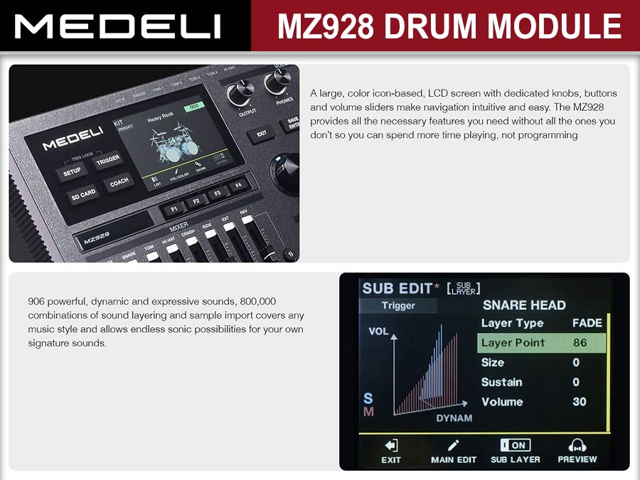 Medeli MZ928-MOD elektronikus dobmodul, 13 triggerbemenet, 906 hang, 8 közvetlen kimenet, Bluetooth