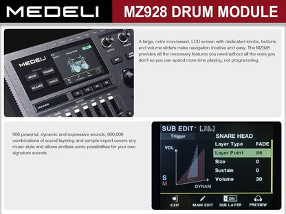 Medeli MZ928-MOD elektronikus dobmodul, 13 triggerbemenet, 906 hang, 8 közvetlen kimenet, Bluetooth