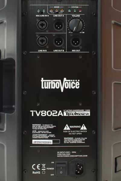 TurboVoice TV802A 2-utas aktív hangfal, D-osztály, 12” mélynyomó, DSP, 800 W