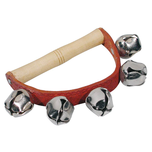 Hayman HB35 Kézi csörgő, fa és bőr markolat, 5 db csengő (25 mm)