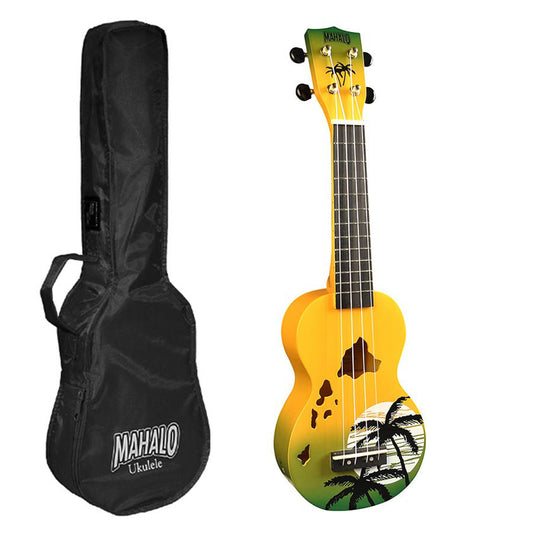 Mahalo MD1HAGNB Szoprán ukulele készlet, Designer Hawaii sorozat, sárga-zöld kivitel, tok