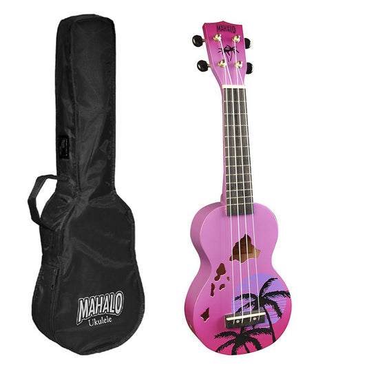 Mahalo MD1HAPPB Szoprán ukulele készlet, Designer Hawaii sorozat, lila burst kivitel, tok
