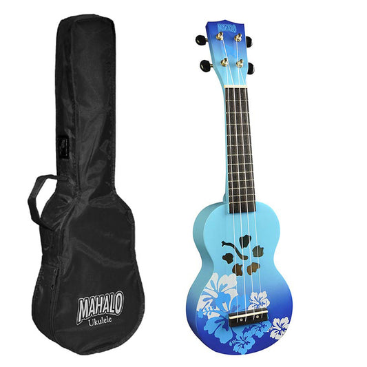 Mahalo MD1HBBUB Szoprán ukulele készlet, Designer Hibiscus sorozat, kék burst kivitel, tok