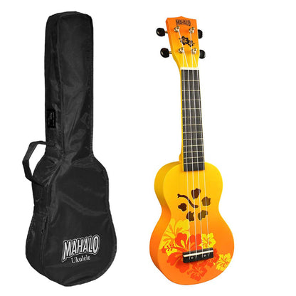 Mahalo MD1HBORB Szoprán ukulele készlet, Designer Hibiscus sorozat, narancs burst kivitel, tok