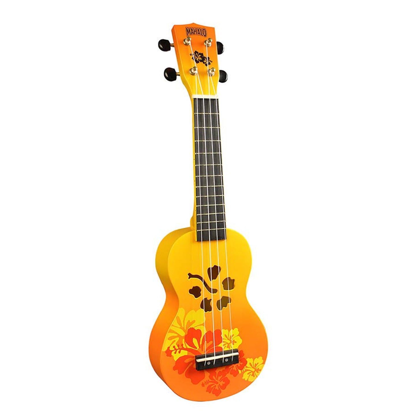 Mahalo MD1HBORB Szoprán ukulele készlet, Designer Hibiscus sorozat, narancs burst kivitel, tok