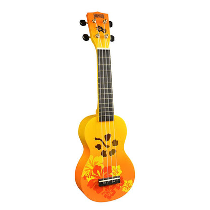 Mahalo MD1HBORB Szoprán ukulele készlet, Designer Hibiscus sorozat, narancs burst kivitel, tok