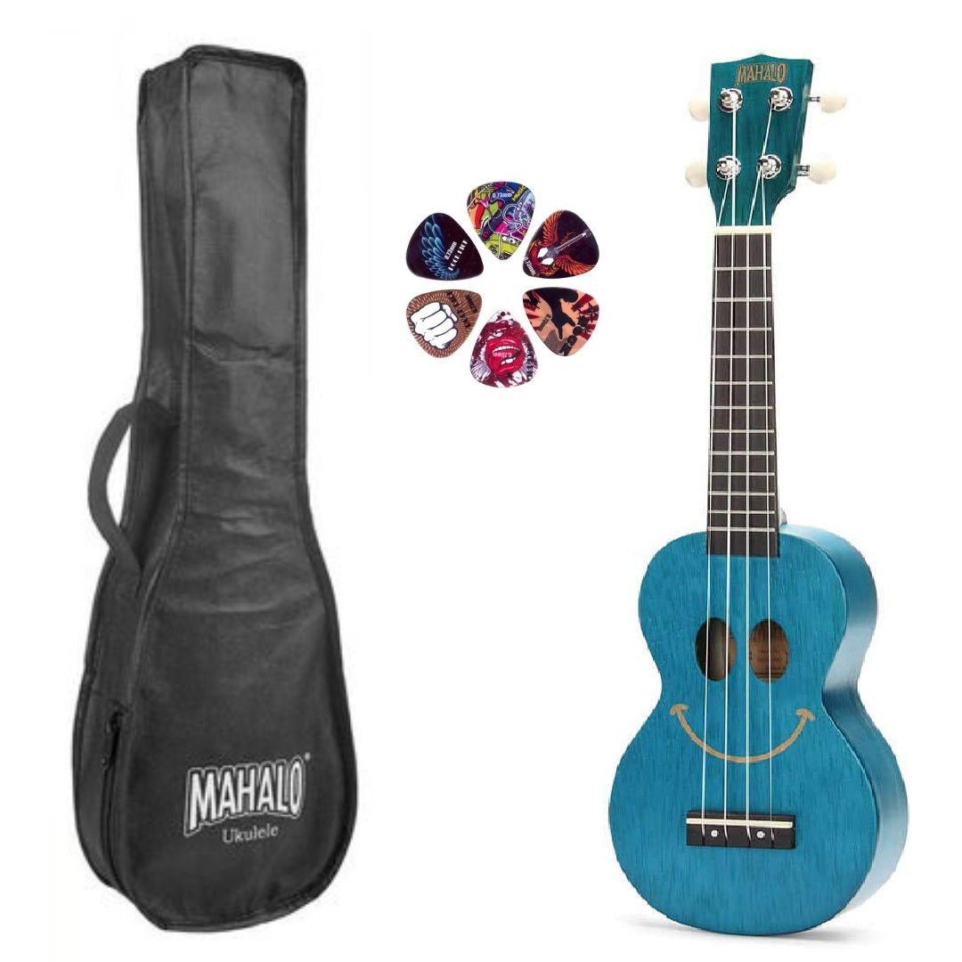 Mahalo SMILETBU Szoprán ukulele készlet, Basic1 sorozat, áttetsző kék kivitel, tokkal és 6 pengetővel