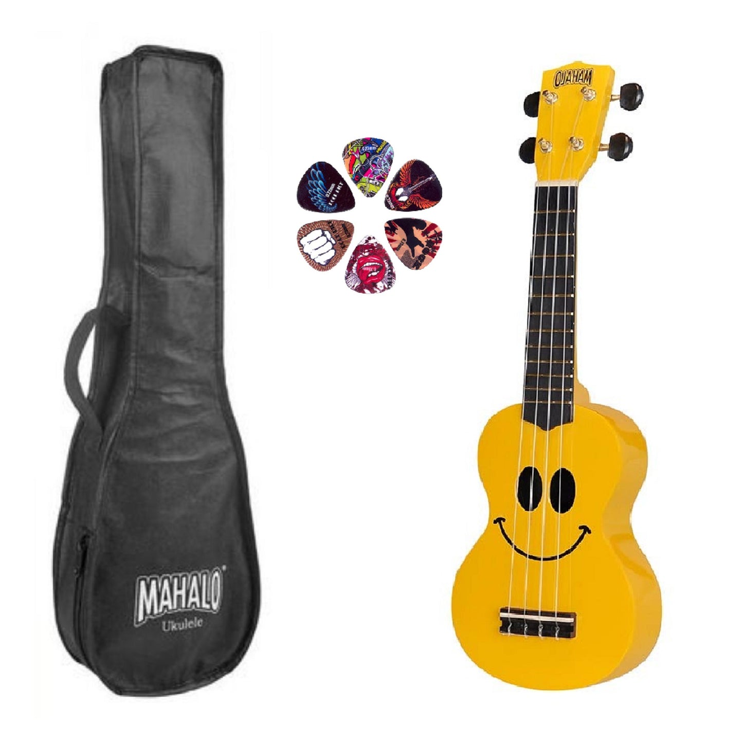 Mahalo SMILEYW Szoprán ukulele készlet, Basic1 sorozat, sárga kivitel, tokkal és 6 pengetővel
