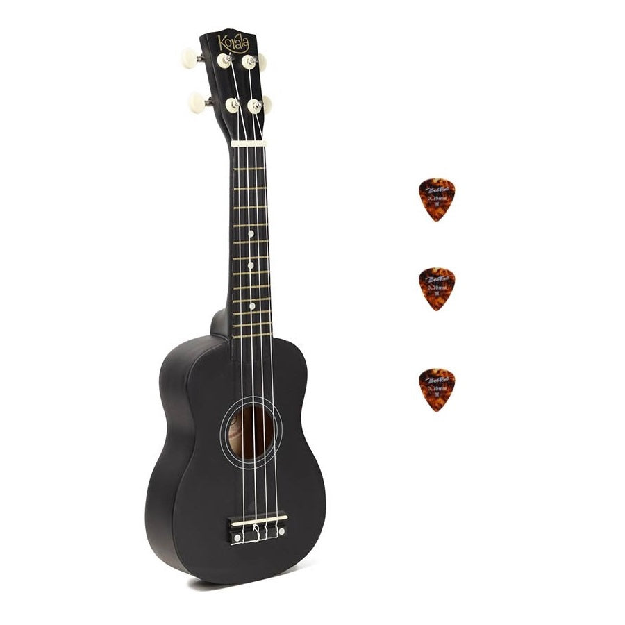Korala UKS15BK Szoprán ukulele készlet, 3 pengető, matt fekete (tok nélkül)