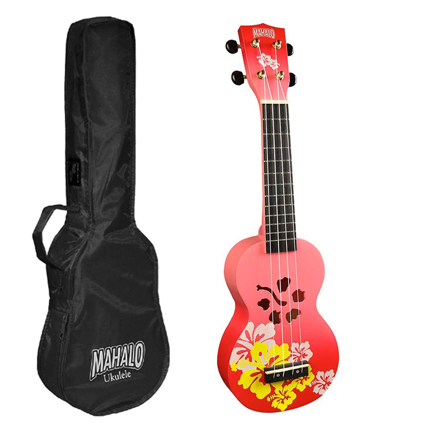 Mahalo MD1HBRDB Szoprán ukulele készlet, Designer Hibiscus sorozat, piros burst kivitel, tok