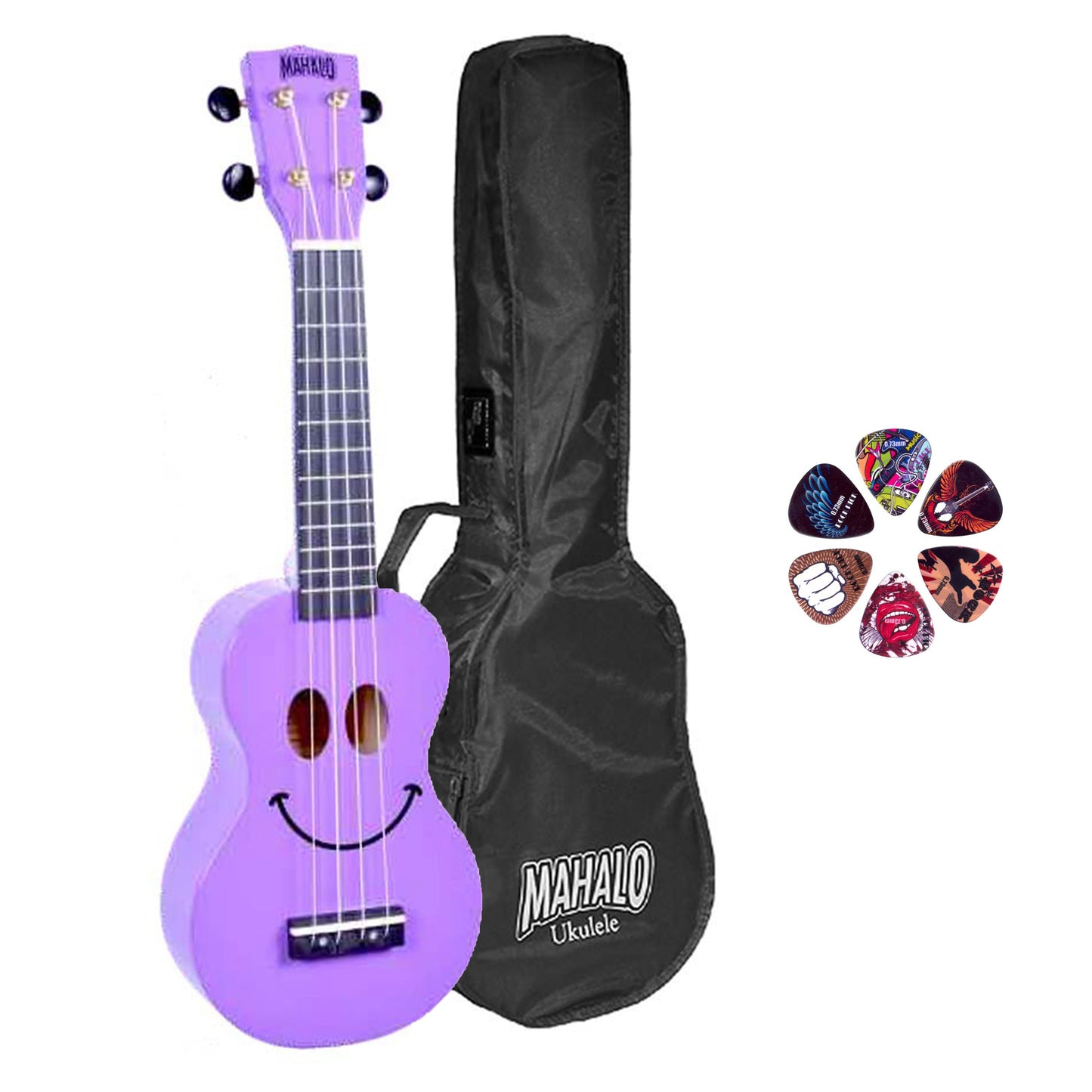 Mahalo SMILEPP Szoprán ukulele készlet, Basic1 sorozat, lila kivitel, tokkal és 6 pengetővel