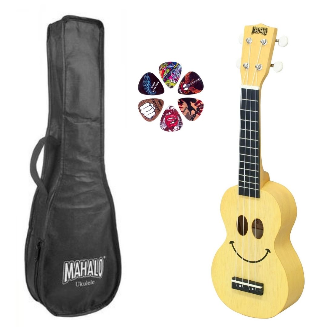 Mahalo SMILETBS Szoprán ukulele készlet, „Smile” minta, karamell átlátszó természetes kivitel, tok és 6 pengető
