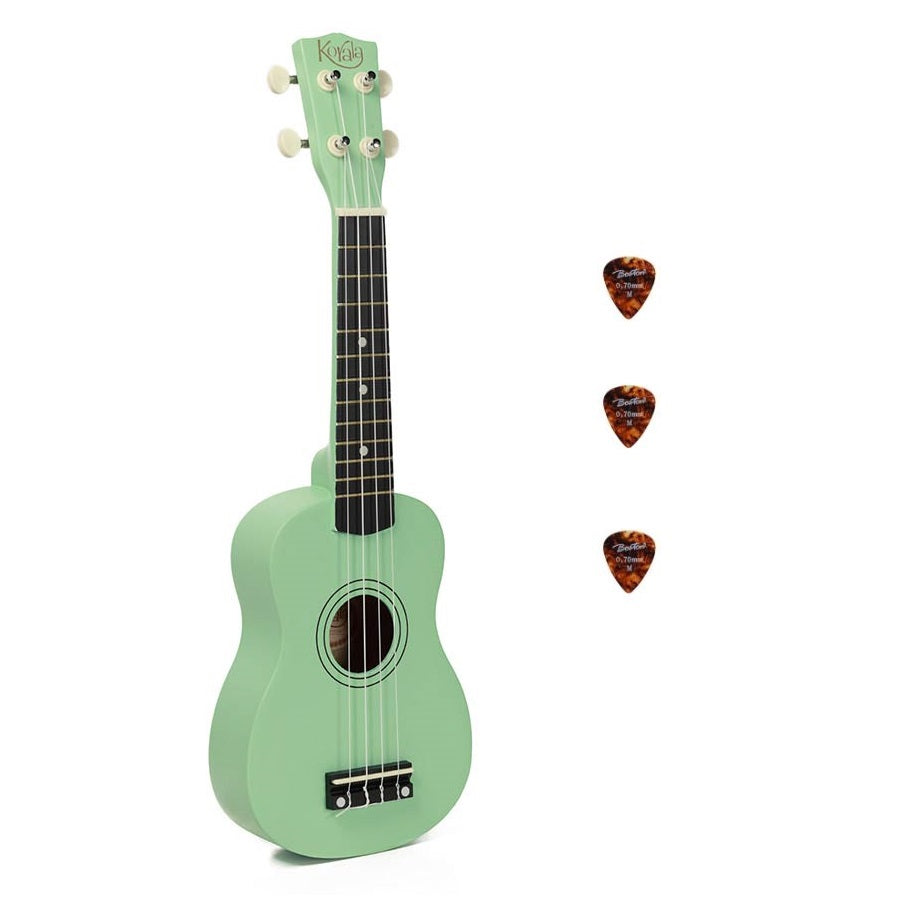 Korala UKS15GN Szoprán ukulele készlet, 3 pengető, matt zöld (tok nélkül)